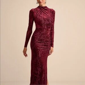 Neilina Burgundy Velvet Jacquard Mock Neck Maxi